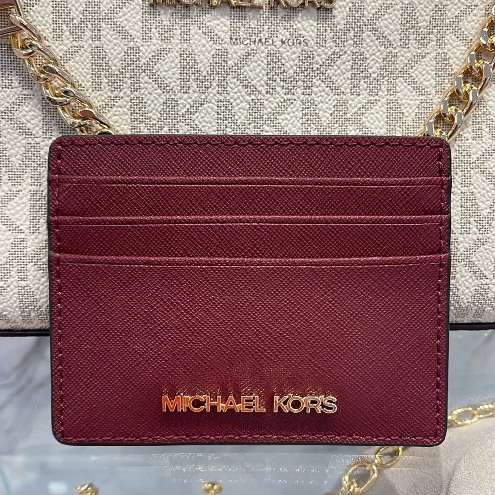 MICHAEL KORS Large Pebbled Leather Card Holder Case Dark Cherry  NWT